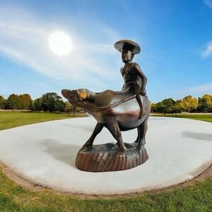 Vintage Hand Carved Wooden Water Buffalo With Man Riding Animal Statue
